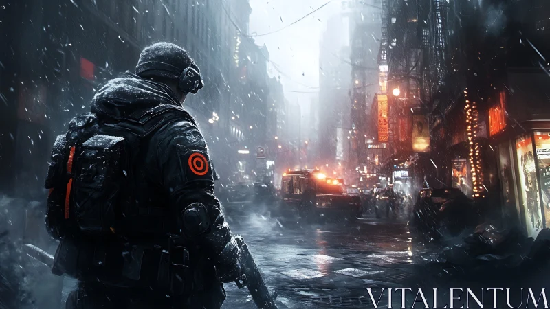 Armed figure in snowy urban street with emergency vehicle present.