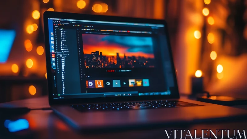 Laptop on desk displaying video editing interface at night.