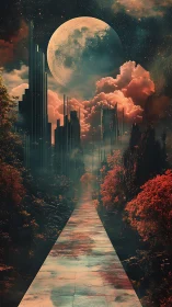 Lunar skyline over crimson forested pathway in mist.