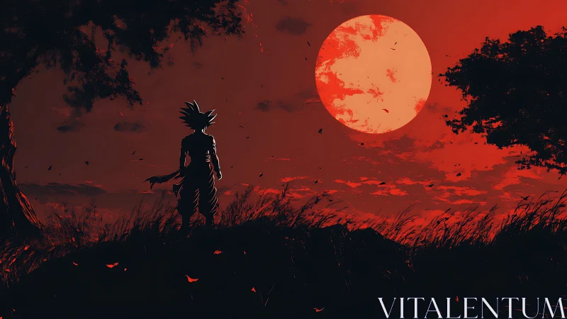 Silhouetted warrior under blood-red moon in dramatic dusk.