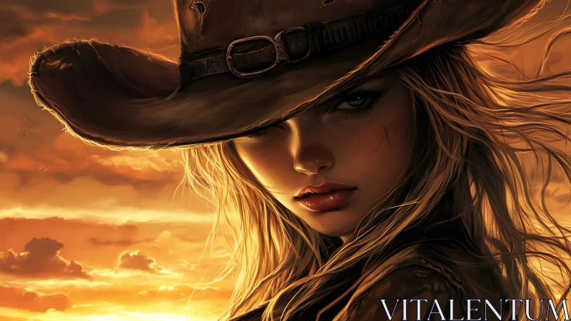 Cowgirl portrait in orange sunset light with hat brim shadow.