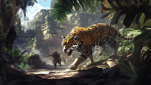 Photorealistic Jaguar Traversing Overgrown Ruins With Architectural Complexity