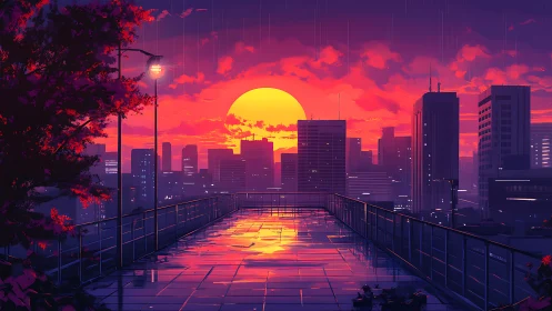 Spectral urban sunset over wet rooftop observation deck.