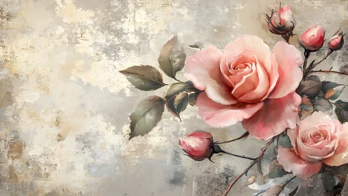 Pink Roses on Distressed Plaster Background.