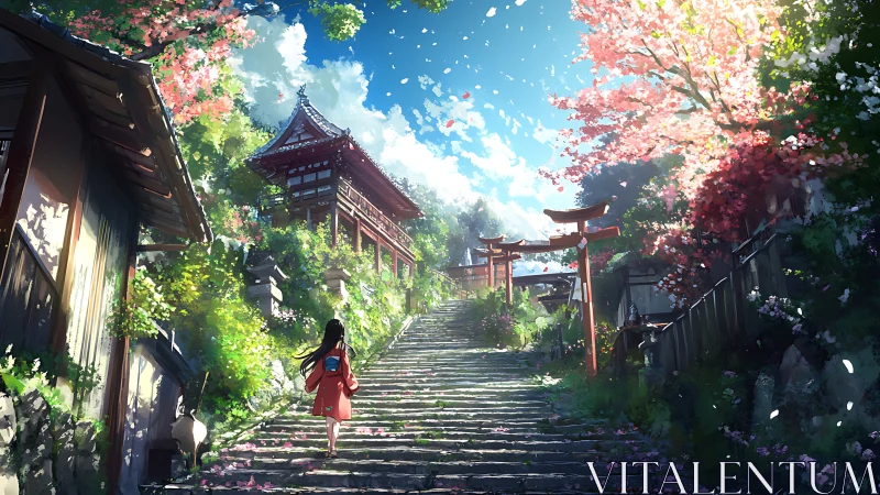 Sunlit shrine steps and drifting cherry blossom daydreams.