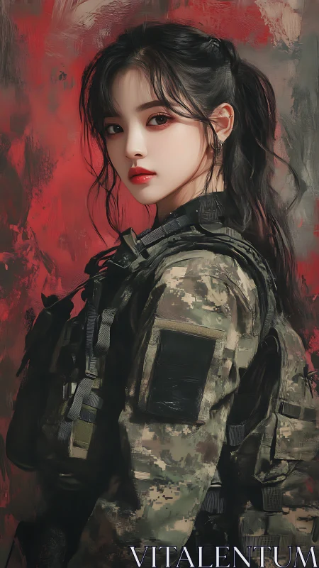 Digital portrait of tactical soldier against abstract red field.