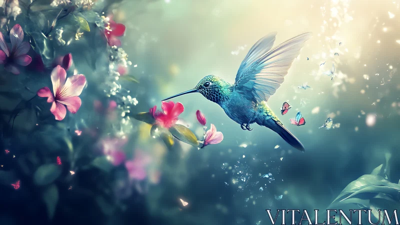 Hummingbird hovering among blossoms in luminous garden scene.