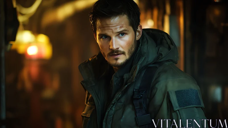 Weathered wanderer pauses in warm light, quietly alert