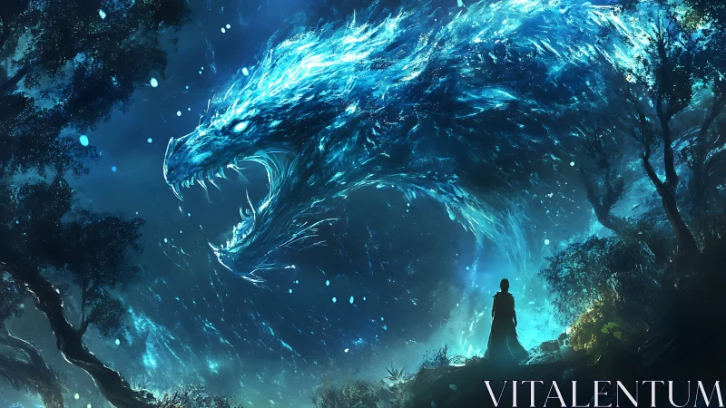 Soulful wanderer meets a luminous dragon of midnight skies.