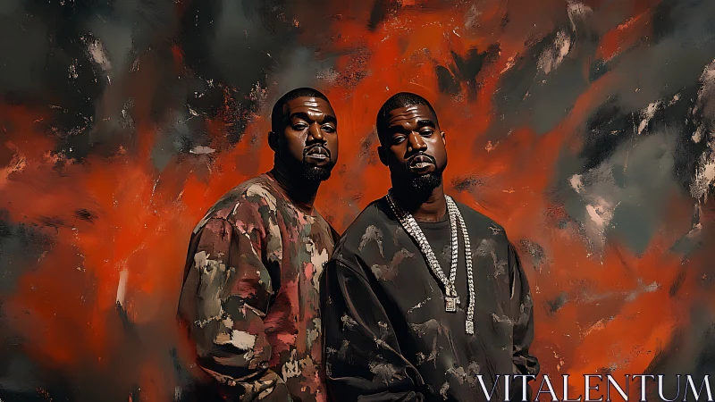 Digital portrait diptych against abstract inferno backdrop.