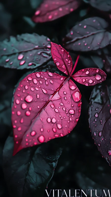 Raindrops cling to vivid red leaves in deep moody shadow