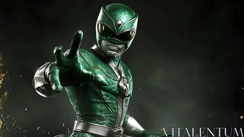 Green armored character extends gloved hand toward viewer