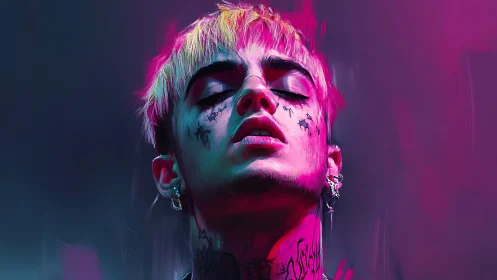 Neon drenched portrait captures a tattooed youth in reverie
