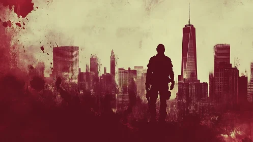 Silhouetted soldier figure before stylized urban skyline.