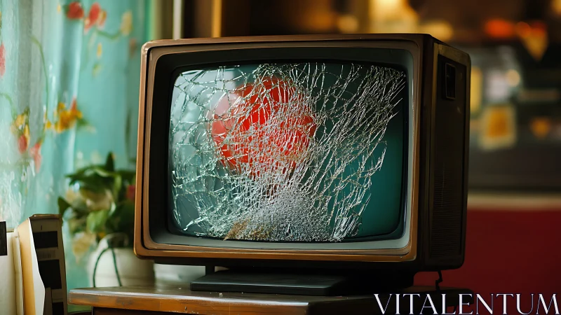 Broken retro television with shattered screen in living room
