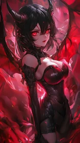 Demonic winged girl stands amid crimson infernal glow