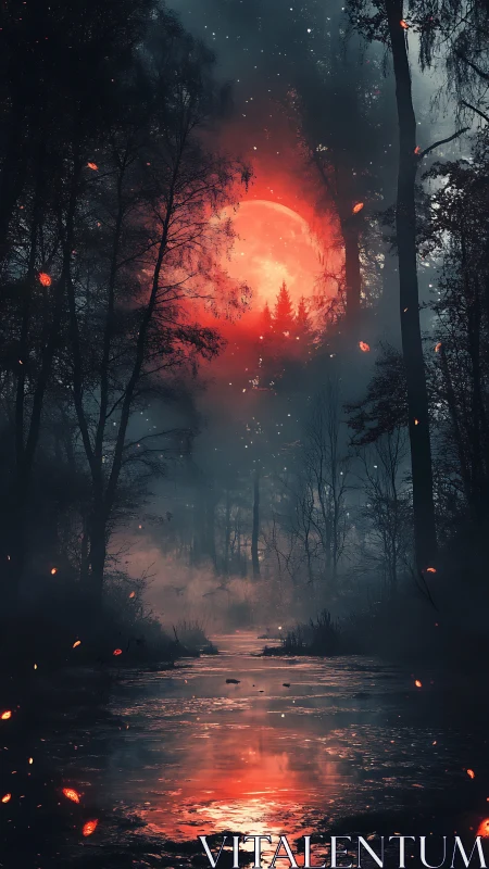 Red lunar disc over dense forest and reflective waterway.