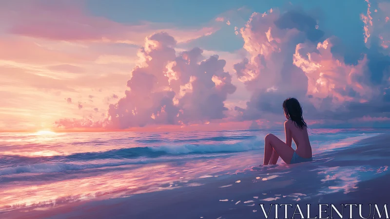 Sunset dreamer resting in cotton candy cloud seascape.