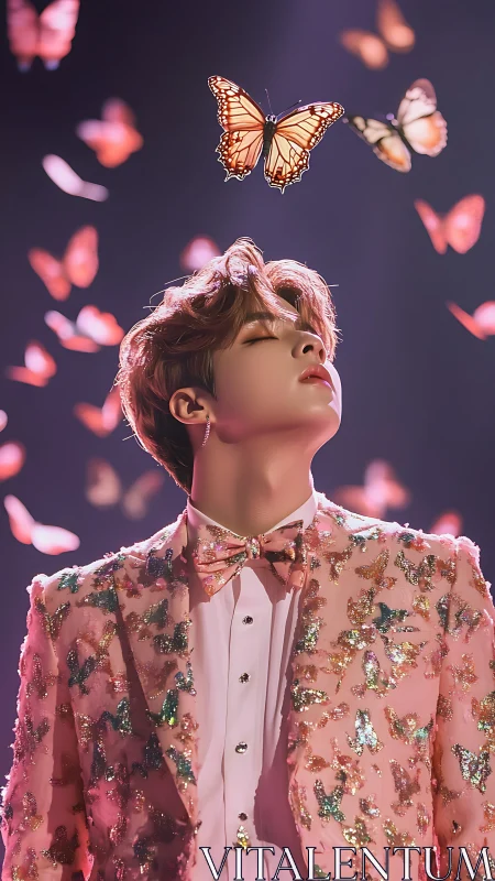 Glittered dreamer in a butterfly storm of soft neon grace.