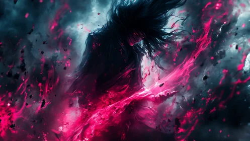 Dark warrior commands neon crimson storm energy.