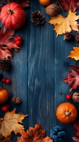 Autumn pumpkins and foliage on blue wooden background.