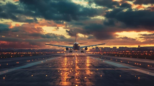 Sunset runway welcome as a passenger jet glides home.
