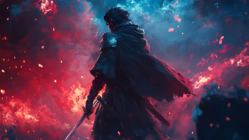 Stormlit swordsman strides between fire and aurora skies.