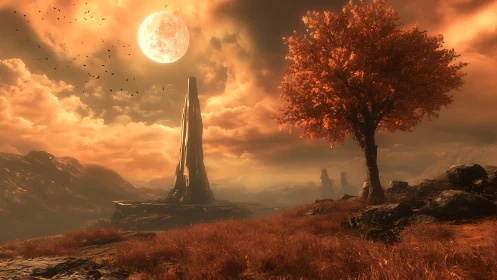 Alien spire and autumn tree under large glowing moon