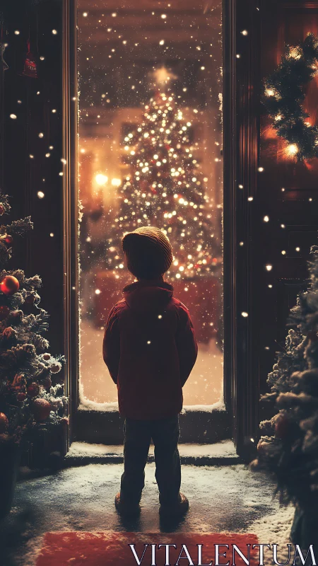 Child watching illuminated Christmas tree through snowy door