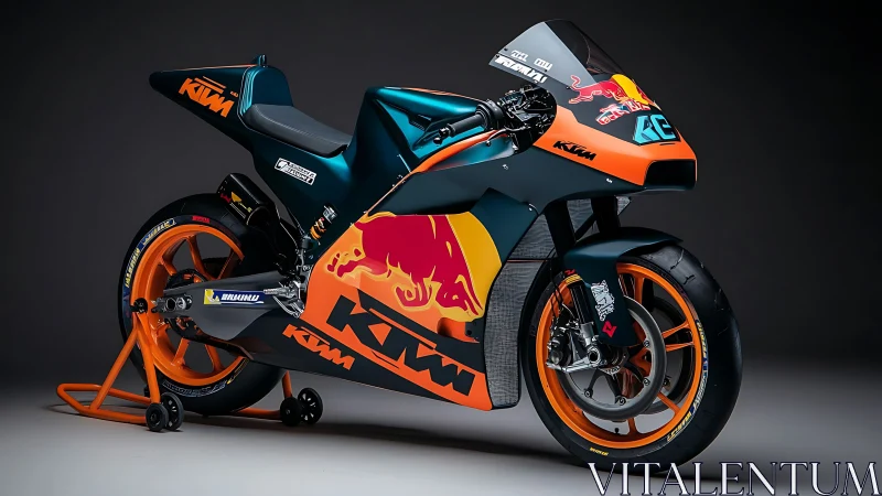 KTM Red Bull race motorcycle on paddock stand in studio.