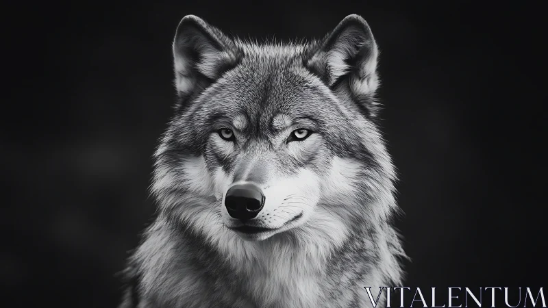 Moonlit silver wolf stares through shadowed wilderness silence.