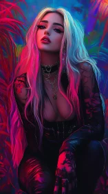 Electric neon muse leans close in vibrant jungle glow