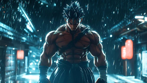 Stormlit street warrior pausing in the rain-drenched night.