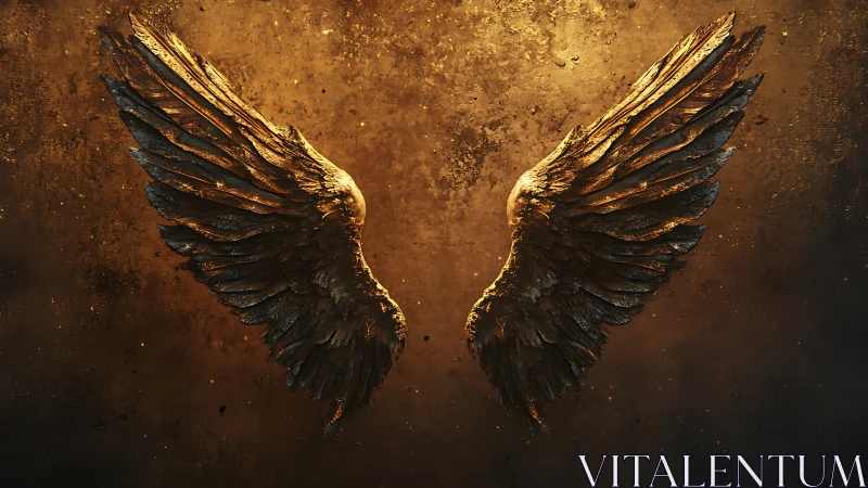Bronzed angel wings suspended in molten dusk glow.