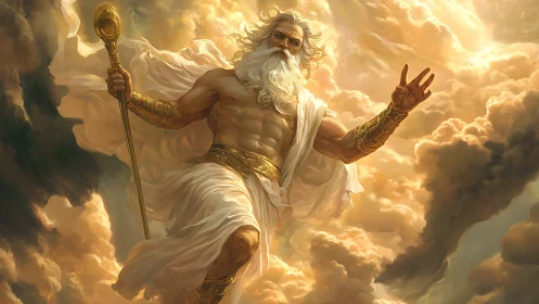 Powerful sky god in golden clouds holding staff aloft.