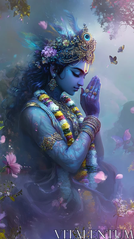 Serene blue deity in prayerful silence amid soft blossoms