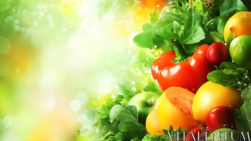 Fresh mixed fruits and vegetables arranged against soft bokeh