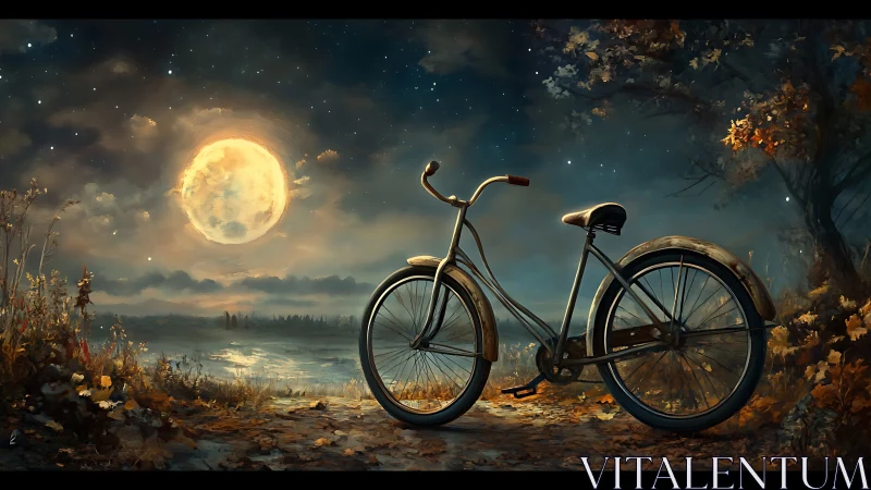 Bicycle Under Harvest Moon at Starlit Riverside.
