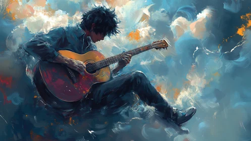 Seated guitarist rendered in dynamic blue and orange strokes