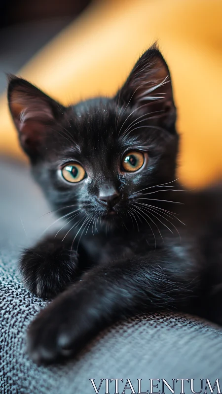 Black Cat with Golden Eyes on Textile Surface.
