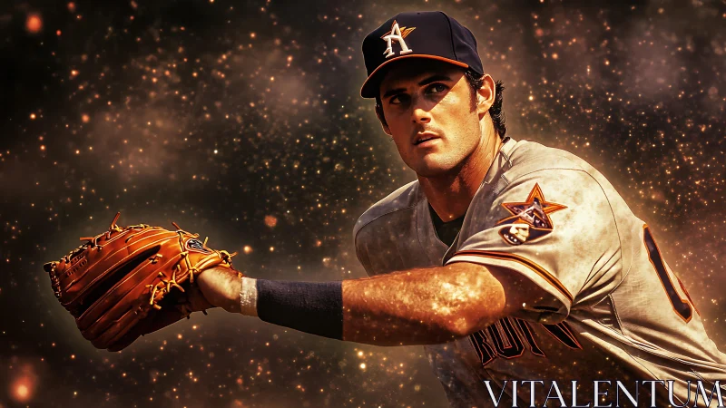 Starlit baseball pitcher hurls fire through glowing dusk air.