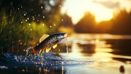 Sunlit river acrobat: leaping fish chasing evening shimmer.