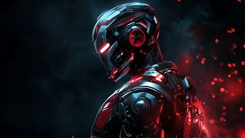 Crimson warframe sentinel burns through the neon dark.