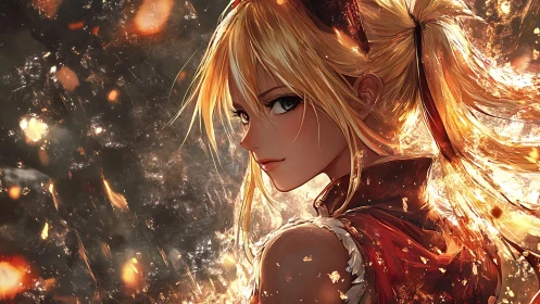 Blonde anime warrior turns amid blazing ember storm.