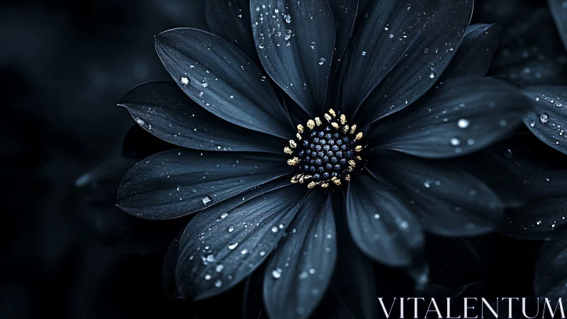 Dark flower with gold center covered in water droplets