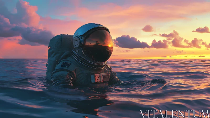 Solitary astronaut drifting in shimmering sunset ocean.