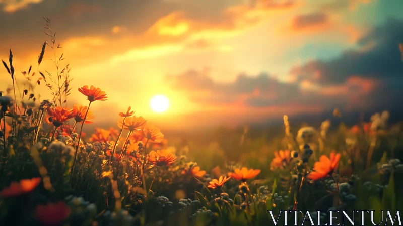 Wildflower meadow under warm sunset sky glow.