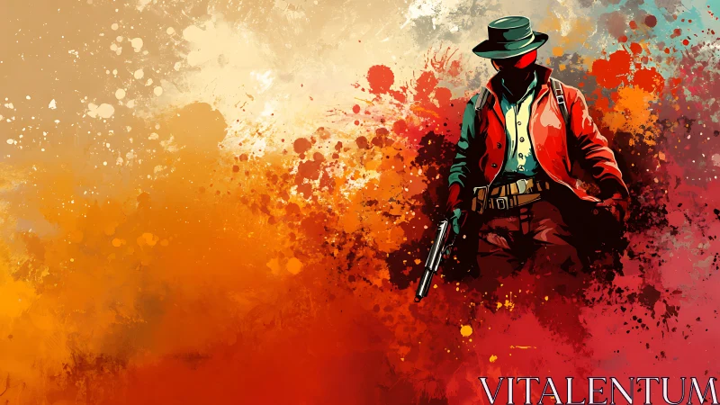 Bold gunslinger strides through a storm of blazing paint splashes