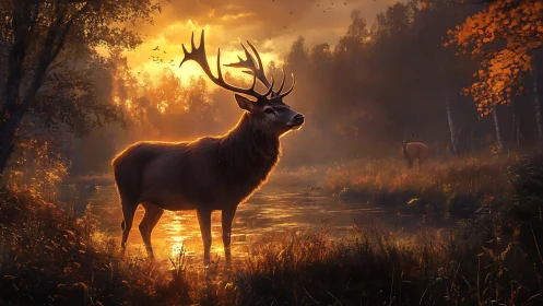 Backlit stag in autumn wetland rendered with volumetric rim lighting
