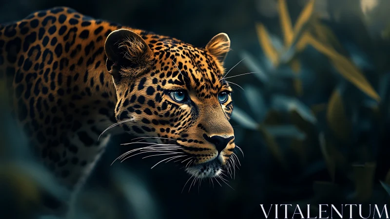 Leopard with bright blue eyes wandering through soft jungle shadows.